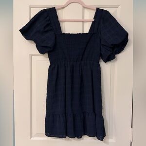 women’s blue smocked square neck puff sleeve mini dress - midnight doll!